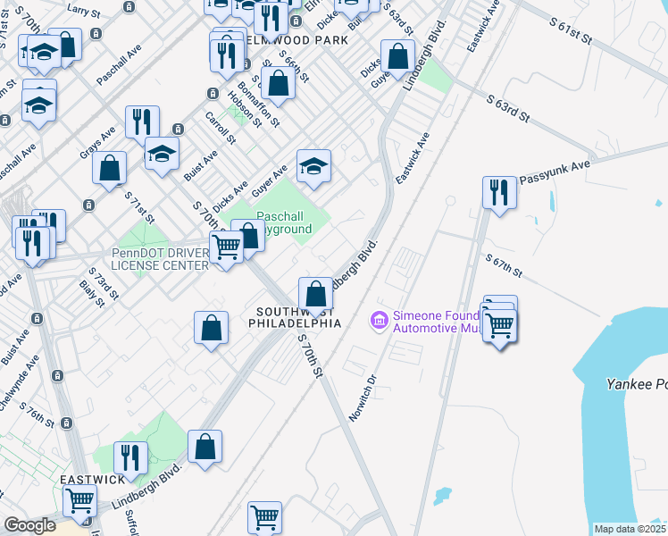 map of restaurants, bars, coffee shops, grocery stores, and more near 6807 Lindbergh Boulevard in Philadelphia
