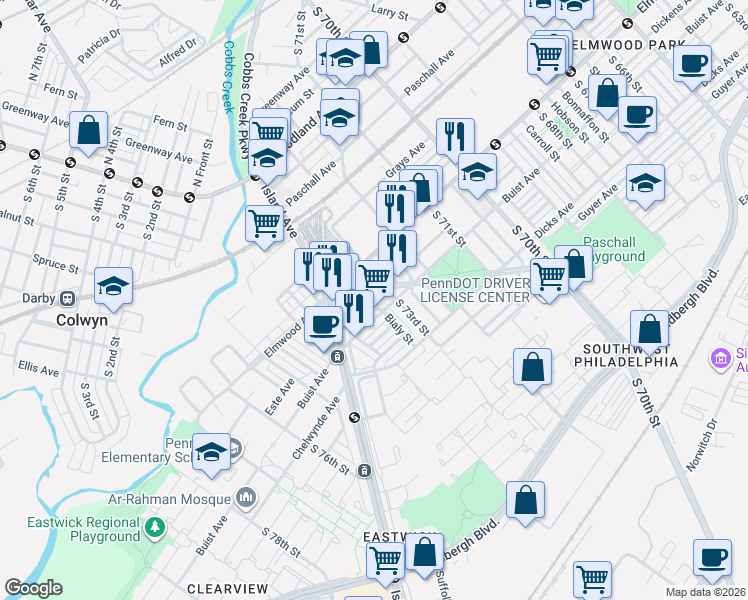 map of restaurants, bars, coffee shops, grocery stores, and more near 7307 West Passyunk Avenue in Philadelphia
