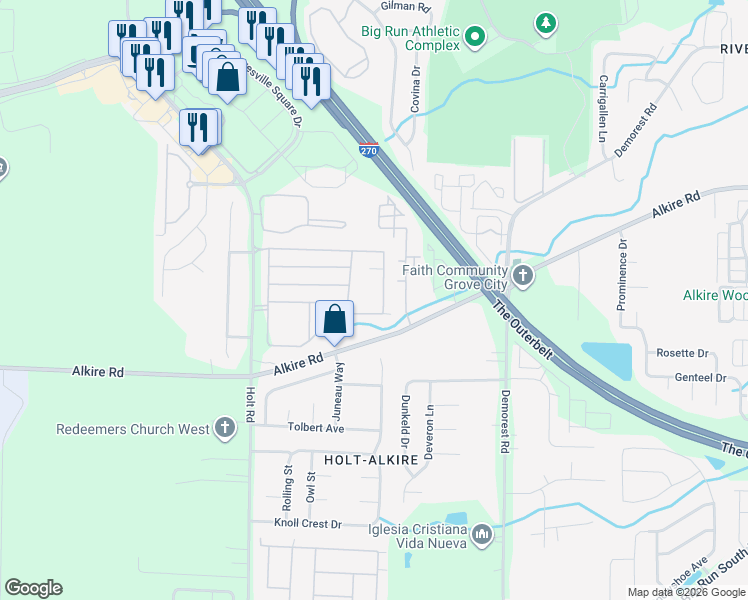 map of restaurants, bars, coffee shops, grocery stores, and more near 1915 Bashan Drive in Columbus