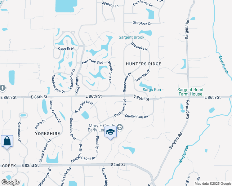 map of restaurants, bars, coffee shops, grocery stores, and more near 8636 Gunpowder Drive in Indianapolis