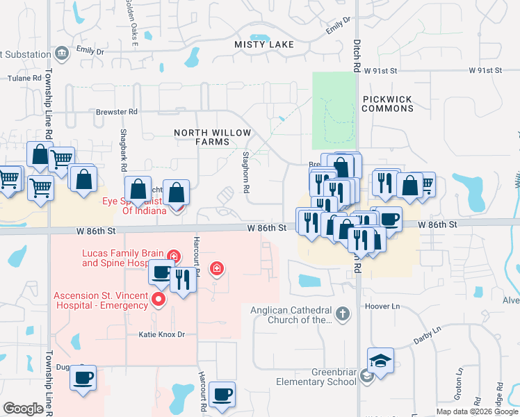 map of restaurants, bars, coffee shops, grocery stores, and more near 1704 Sturbridge Road in Indianapolis