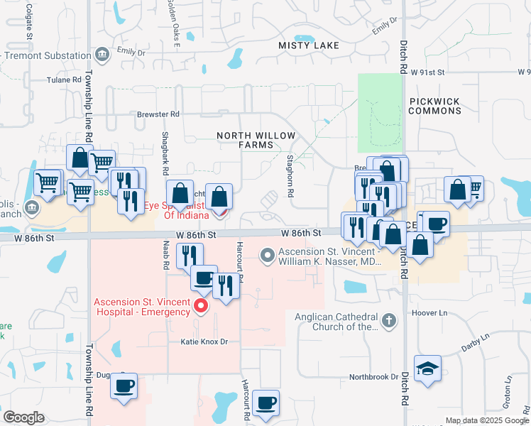 map of restaurants, bars, coffee shops, grocery stores, and more near 8644 Pemberton Circle in Indianapolis