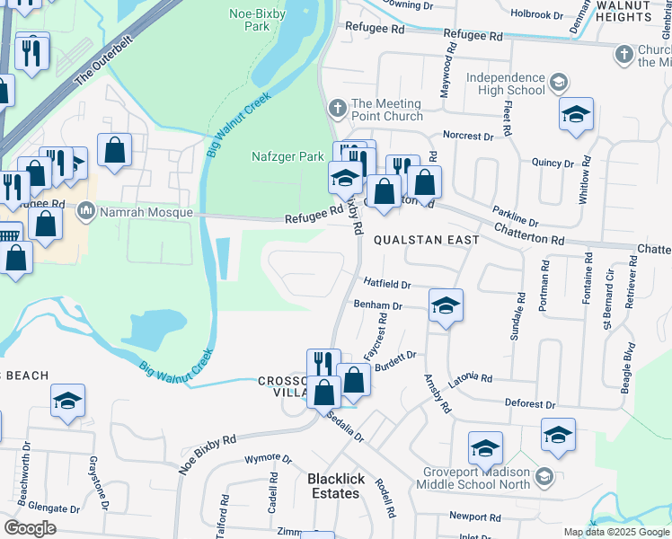 map of restaurants, bars, coffee shops, grocery stores, and more near 3117 Amberfield Drive in Columbus