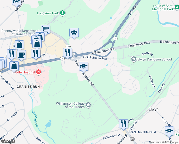 map of restaurants, bars, coffee shops, grocery stores, and more near 45 Middletown Road in Media