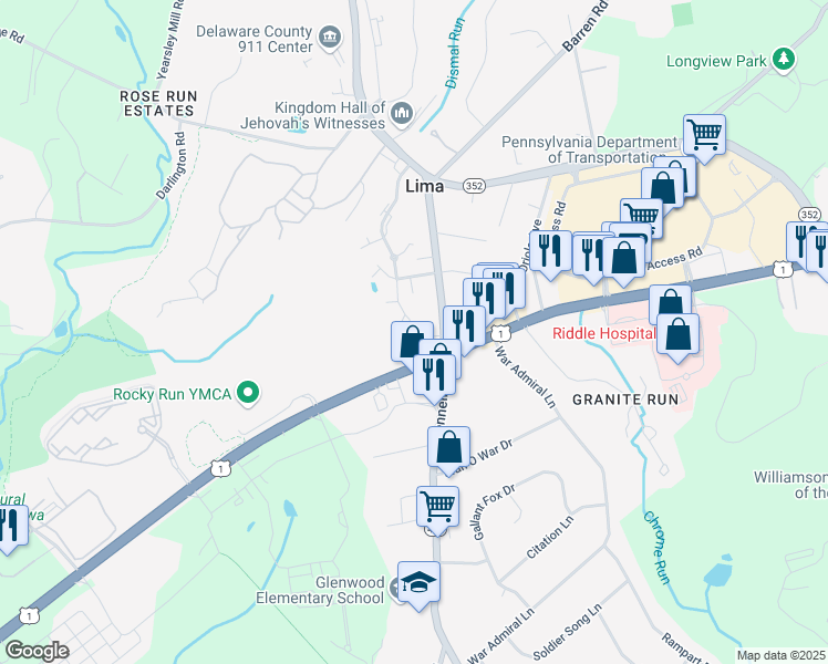 map of restaurants, bars, coffee shops, grocery stores, and more near 39 Cabot Court in Media
