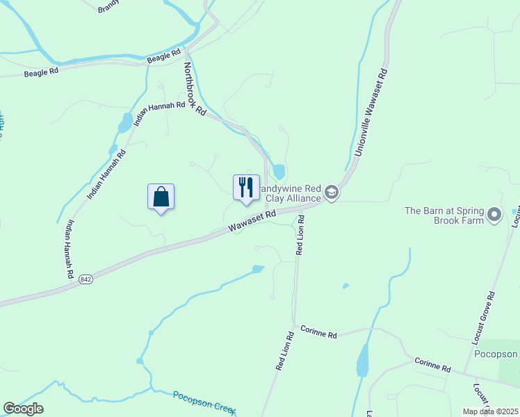 map of restaurants, bars, coffee shops, grocery stores, and more near 1801 Unionville Wawaset Road in West Chester