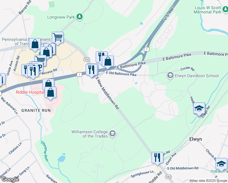 map of restaurants, bars, coffee shops, grocery stores, and more near 45 Middletown Road in Media