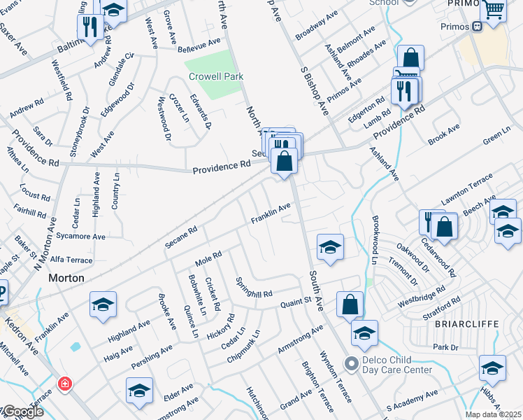 map of restaurants, bars, coffee shops, grocery stores, and more near 2523 Franklin Avenue in Delaware County