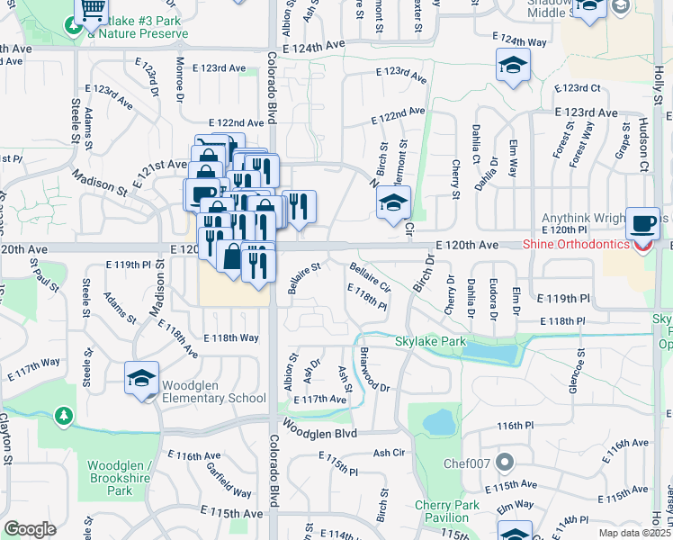 map of restaurants, bars, coffee shops, grocery stores, and more near 11982 Bellaire Street in Thornton