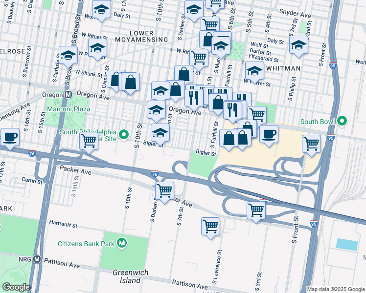 map of restaurants, bars, coffee shops, grocery stores, and more near 2844 South Beulah Street in Philadelphia