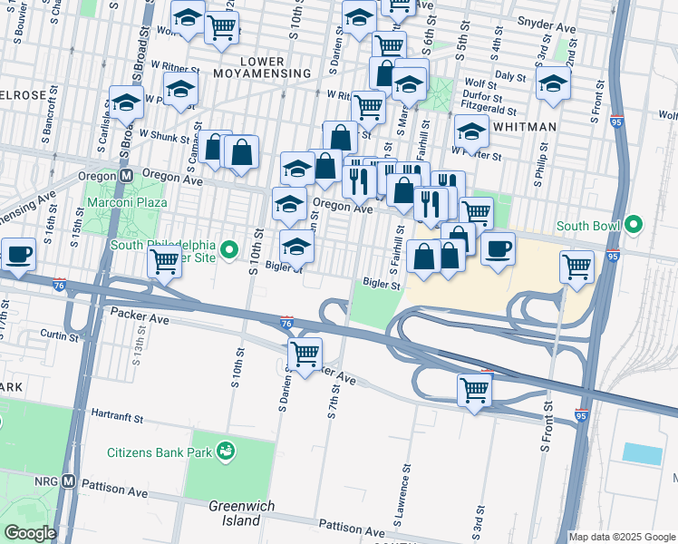 map of restaurants, bars, coffee shops, grocery stores, and more near 2844 South Beulah Street in Philadelphia