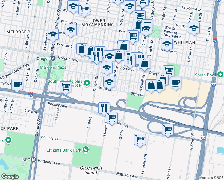 map of restaurants, bars, coffee shops, grocery stores, and more near 814 Bigler Street in Philadelphia