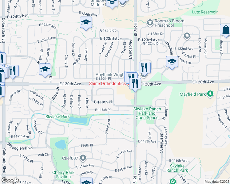 map of restaurants, bars, coffee shops, grocery stores, and more near 5321 East 119th Court in Thornton