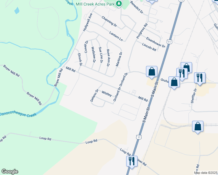 map of restaurants, bars, coffee shops, grocery stores, and more near 213 Mill Road in Chambersburg