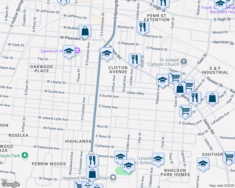 map of restaurants, bars, coffee shops, grocery stores, and more near 221 East Liberty Street in Springfield