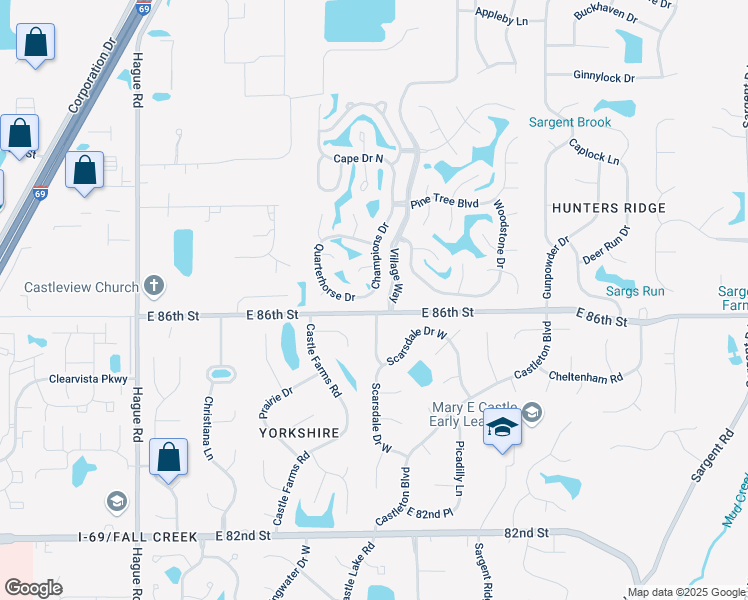 map of restaurants, bars, coffee shops, grocery stores, and more near 8620 Champions Drive in Indianapolis