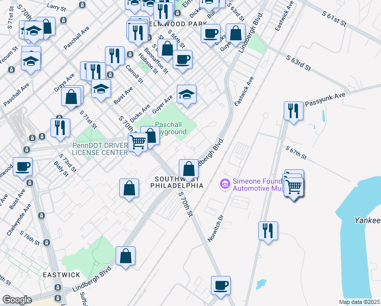 map of restaurants, bars, coffee shops, grocery stores, and more near 6838 Grebe Place in Philadelphia