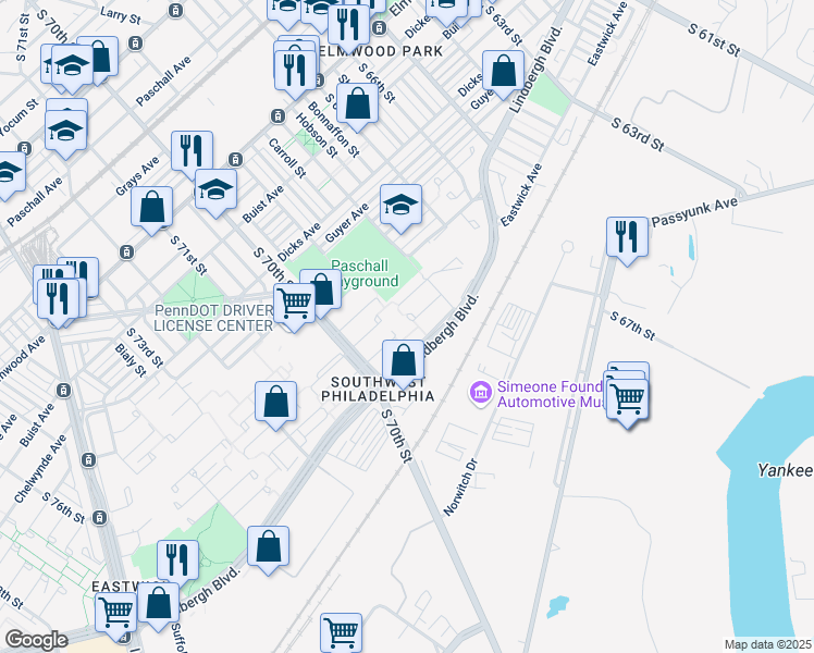 map of restaurants, bars, coffee shops, grocery stores, and more near 6838 Grebe Place in Philadelphia