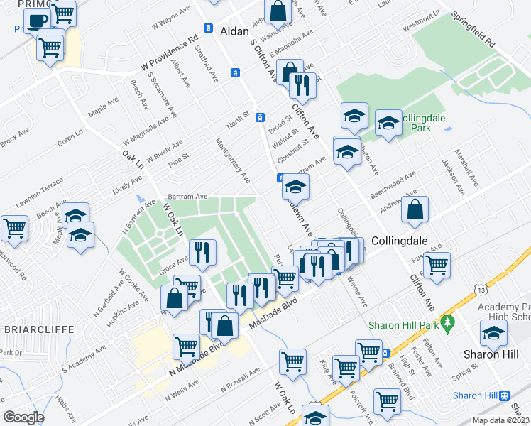 map of restaurants, bars, coffee shops, grocery stores, and more near 520 Lafayette Avenue in Collingdale