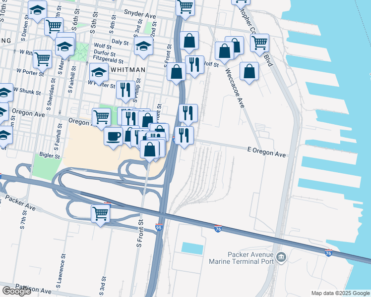 map of restaurants, bars, coffee shops, grocery stores, and more near 12 West Oregon Avenue in Philadelphia