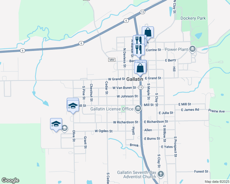 map of restaurants, bars, coffee shops, grocery stores, and more near 312 West Van Buren Street in Gallatin