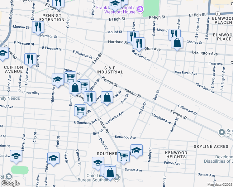 map of restaurants, bars, coffee shops, grocery stores, and more near 825 Oak Street in Springfield