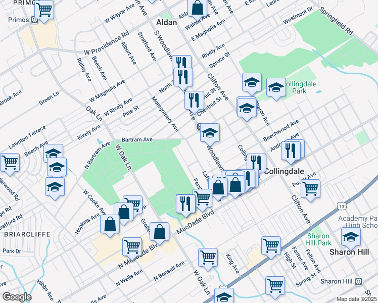 map of restaurants, bars, coffee shops, grocery stores, and more near 520 Lafayette Avenue in Collingdale