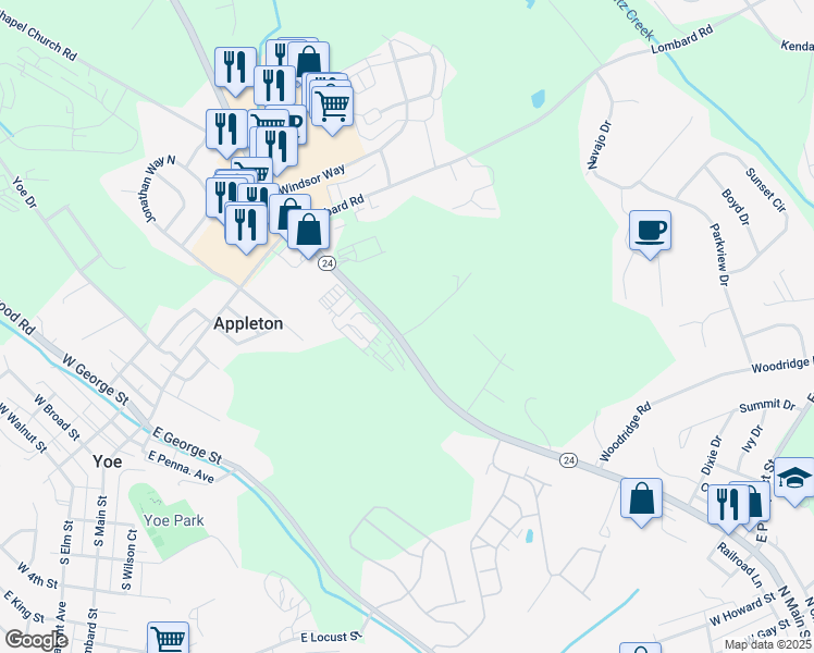 map of restaurants, bars, coffee shops, grocery stores, and more near 35 Vista Drive in Red Lion