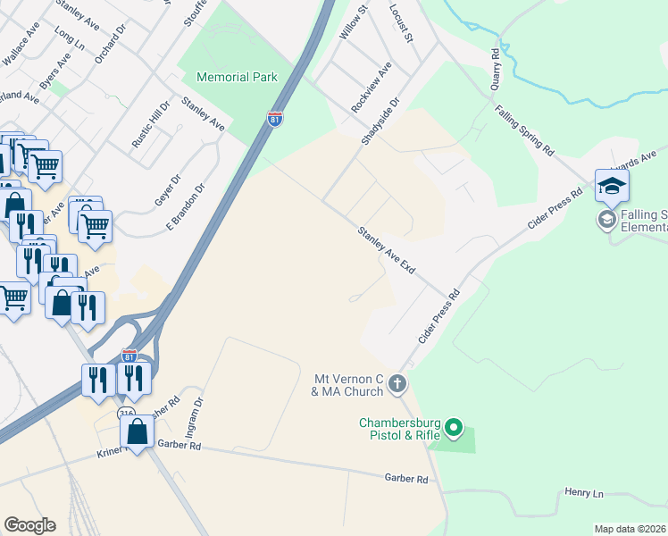 map of restaurants, bars, coffee shops, grocery stores, and more near 1300-1344 Stanley Avenue Exd in Chambersburg