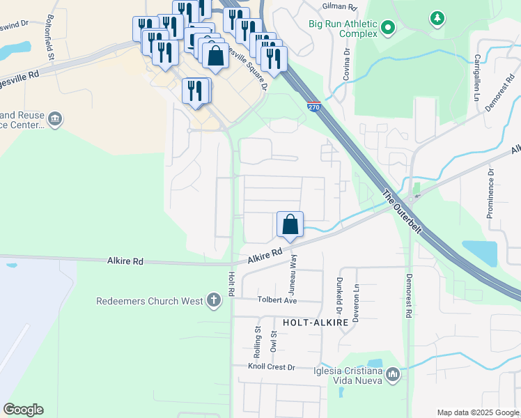 map of restaurants, bars, coffee shops, grocery stores, and more near 4711 Cadmus Drive in Columbus