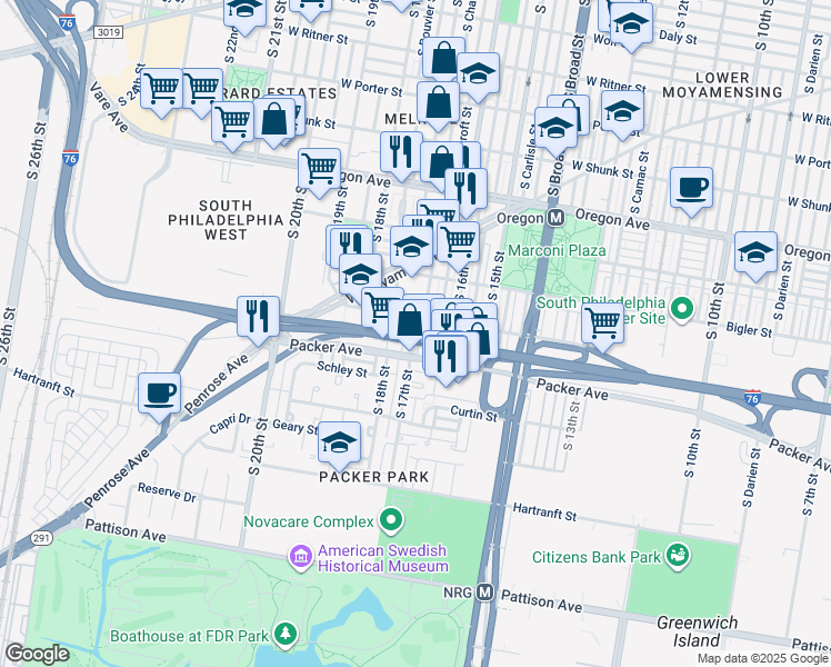 map of restaurants, bars, coffee shops, grocery stores, and more near 3018 South 17th Street in Philadelphia