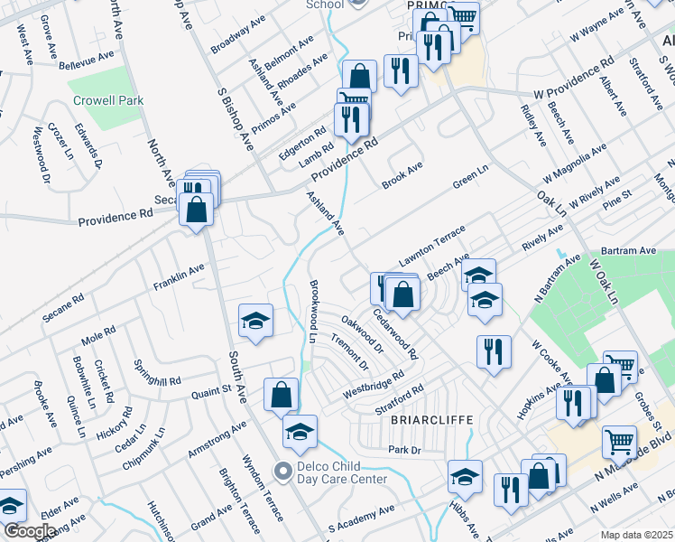 map of restaurants, bars, coffee shops, grocery stores, and more near 1268 Nicole Lane in Delaware County