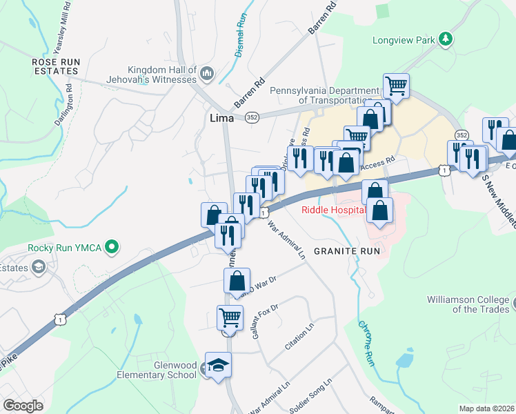 map of restaurants, bars, coffee shops, grocery stores, and more near 1175 West Baltimore Pike in Media