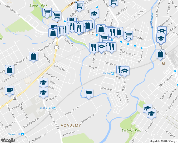 map of restaurants, bars, coffee shops, grocery stores, and more near 416 South 7th Street in Darby