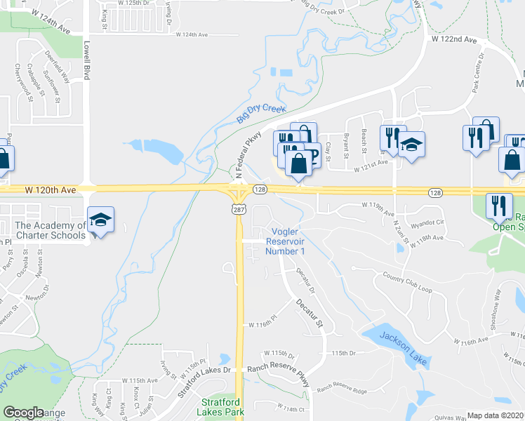 map of restaurants, bars, coffee shops, grocery stores, and more near 2929 West 119th Avenue in Westminster