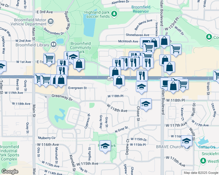 map of restaurants, bars, coffee shops, grocery stores, and more near 5788 Highway 287 in Broomfield