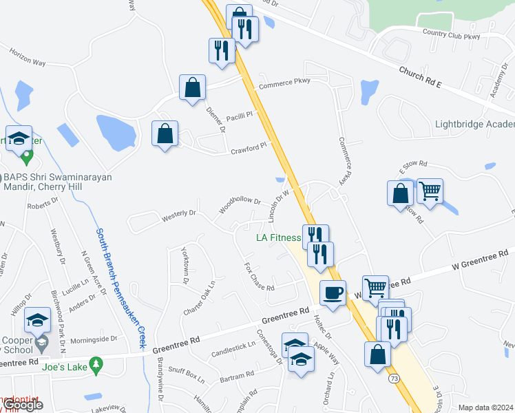 map of restaurants, bars, coffee shops, grocery stores, and more near 616 Woodhollow Drive in Evesham Township