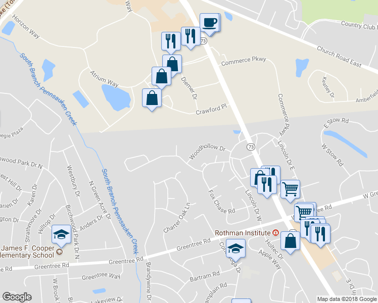 map of restaurants, bars, coffee shops, grocery stores, and more near 1516 Woodhollow Drive in Evesham