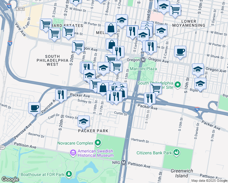 map of restaurants, bars, coffee shops, grocery stores, and more near in Philadelphia