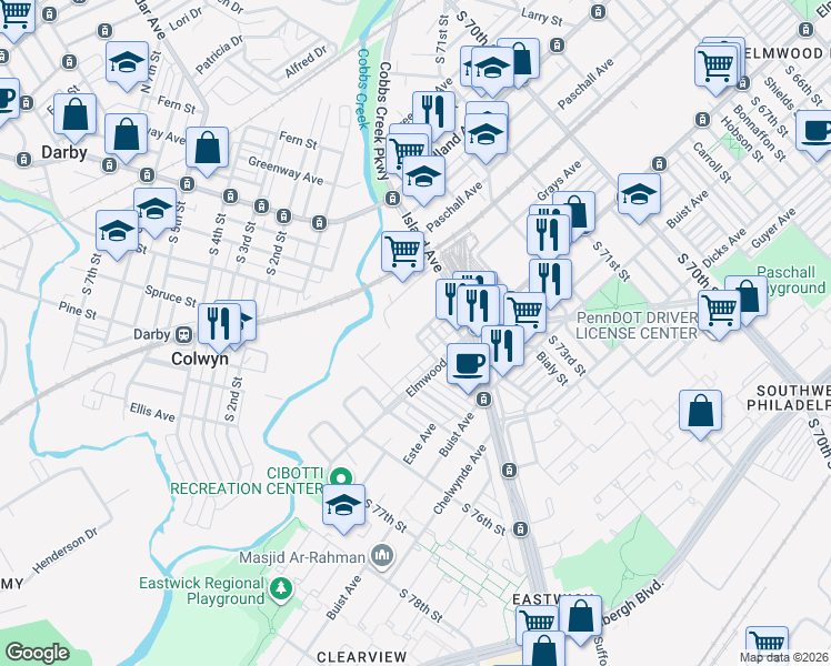 map of restaurants, bars, coffee shops, grocery stores, and more near 7434 Glenmore Avenue in Philadelphia