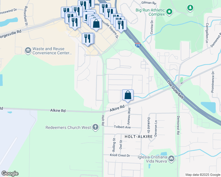 map of restaurants, bars, coffee shops, grocery stores, and more near 4711 Cadmus Drive in Columbus