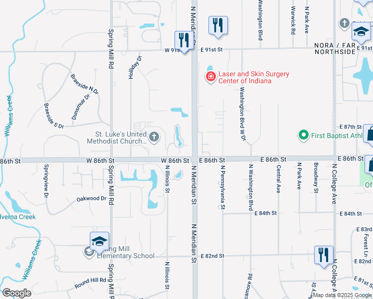 map of restaurants, bars, coffee shops, grocery stores, and more near 8681 Jaffa Court East Drive in Indianapolis