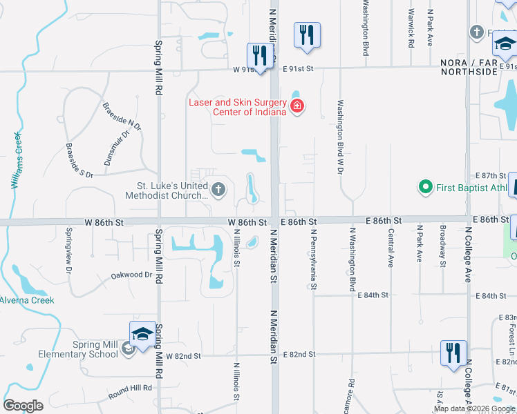map of restaurants, bars, coffee shops, grocery stores, and more near 8681 Jaffa Court East Drive in Indianapolis