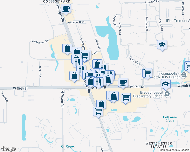 map of restaurants, bars, coffee shops, grocery stores, and more near 3520 Founders Road in Indianapolis