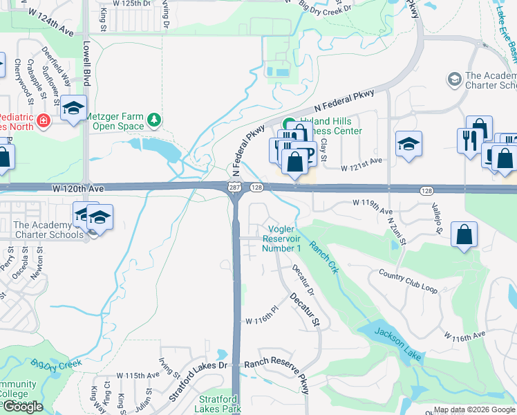 map of restaurants, bars, coffee shops, grocery stores, and more near 2929 West 119th Avenue in Westminster