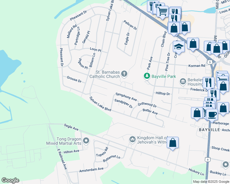 map of restaurants, bars, coffee shops, grocery stores, and more near 30 Woodland Road in Ocean County
