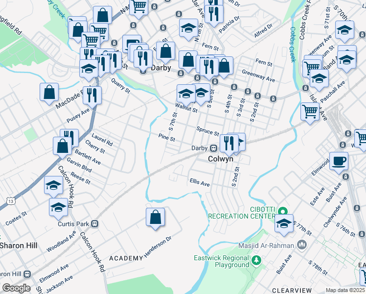 map of restaurants, bars, coffee shops, grocery stores, and more near 401 South 6th Street in Darby