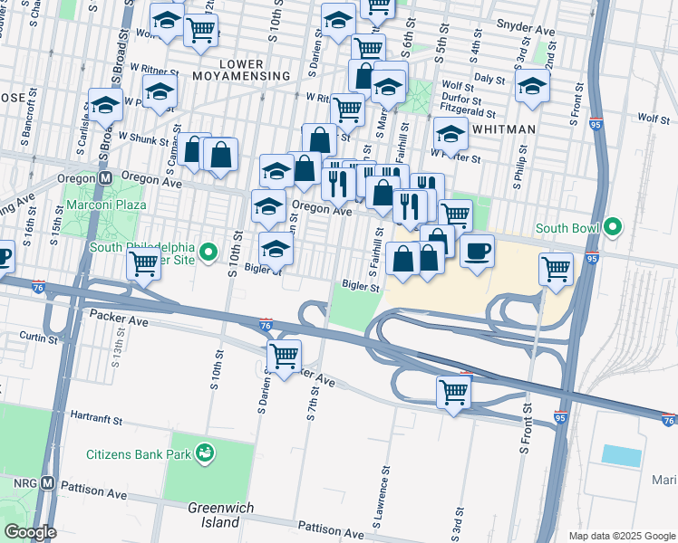 map of restaurants, bars, coffee shops, grocery stores, and more near 2833 South 7th Street in Philadelphia