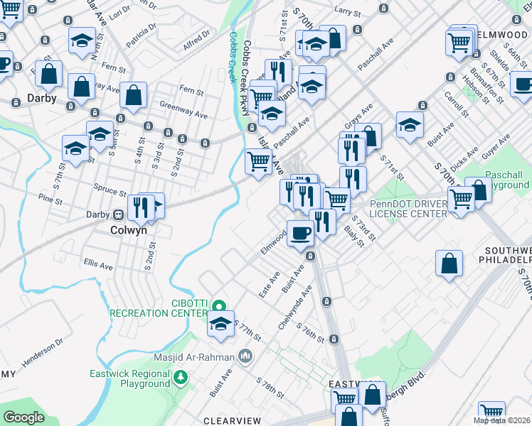 map of restaurants, bars, coffee shops, grocery stores, and more near 7434 Glenmore Avenue in Philadelphia
