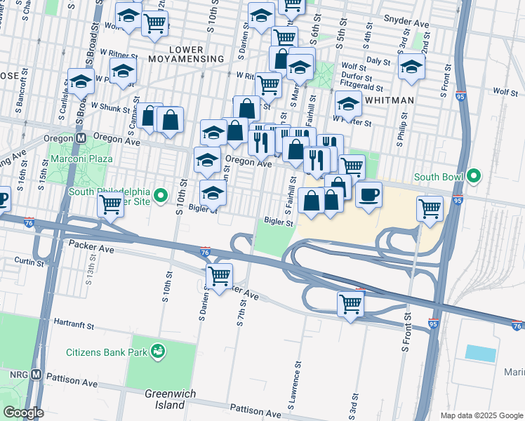 map of restaurants, bars, coffee shops, grocery stores, and more near 2833 South 7th Street in Philadelphia